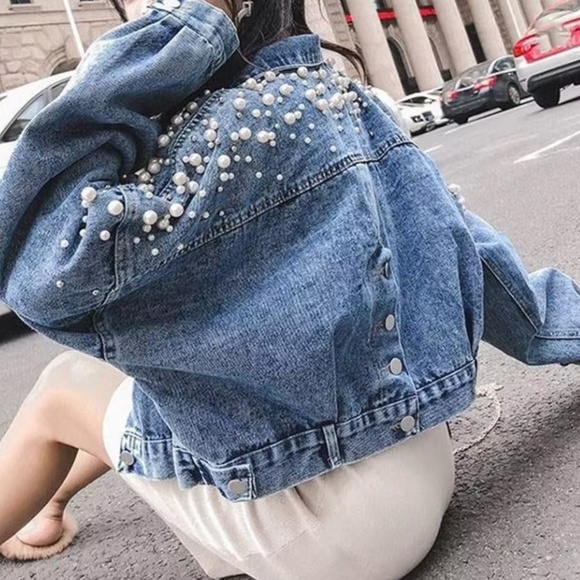 Medium Wash Faux pearl Button up Oversized Jean Denim jacket - Picture 2 of 8